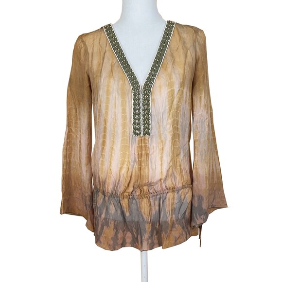 Hale Bob Cabana Silk Tunic Top Embellished Neckline Drop Waist Sheer Size XS - Picture 1 of 8